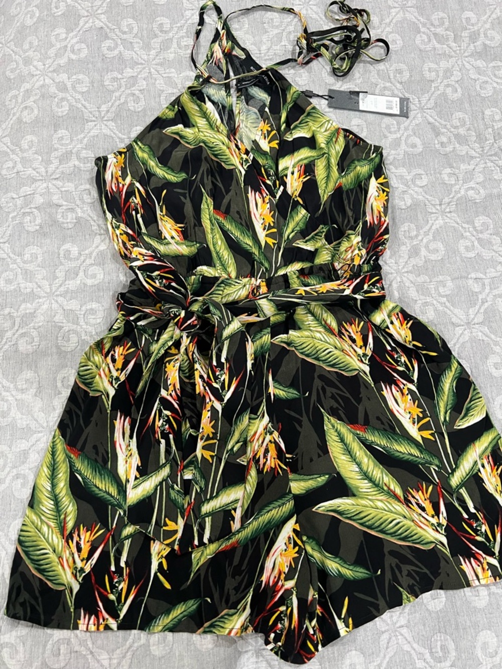 BCBGMaxAzria Black Tropical Leaf & Bird-of-Paradise Print Halter Romper
